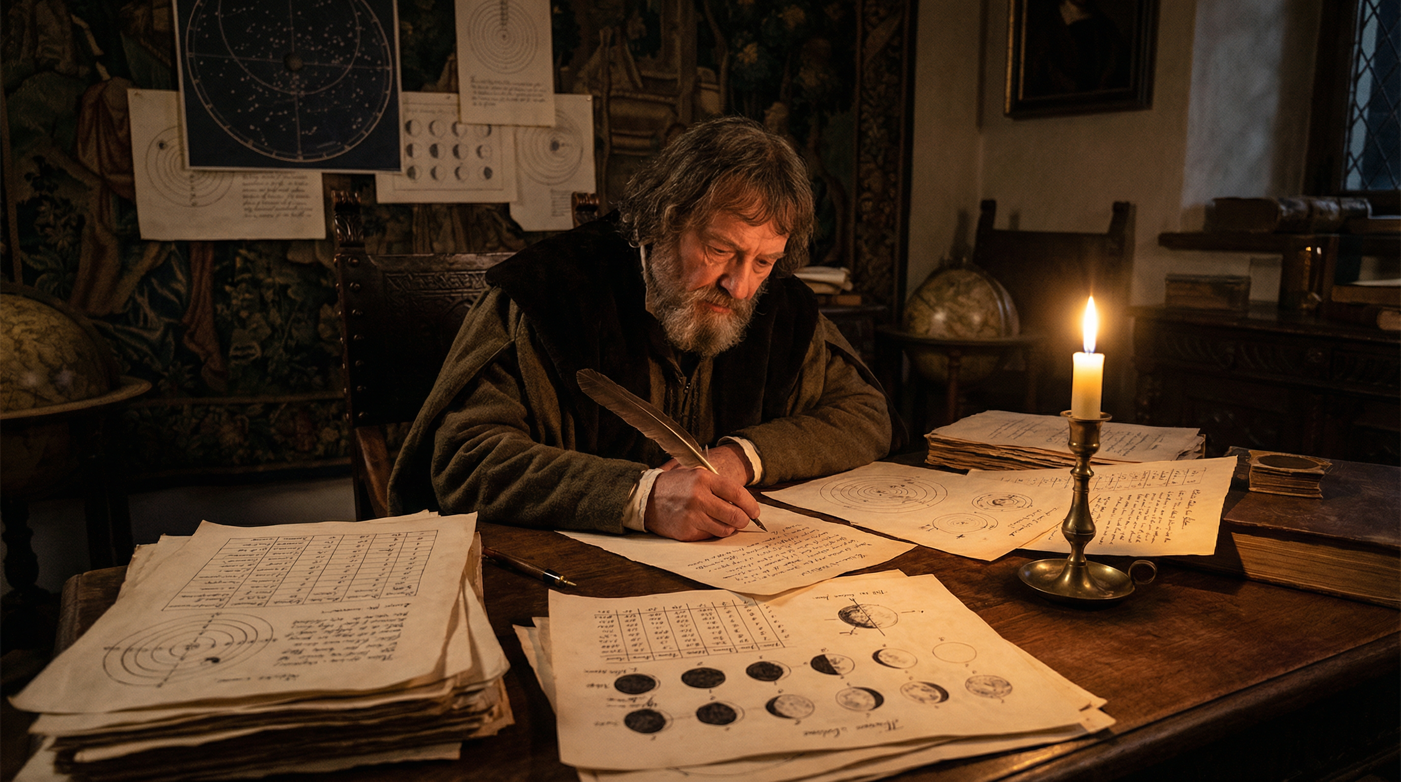 Copernicus recording astronomical observations by candlelight