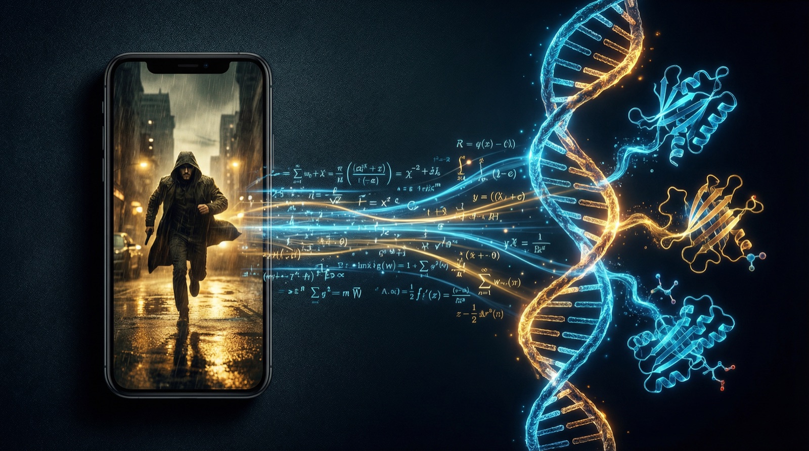 Video on a phone flowing through equations into DNA and folded proteins