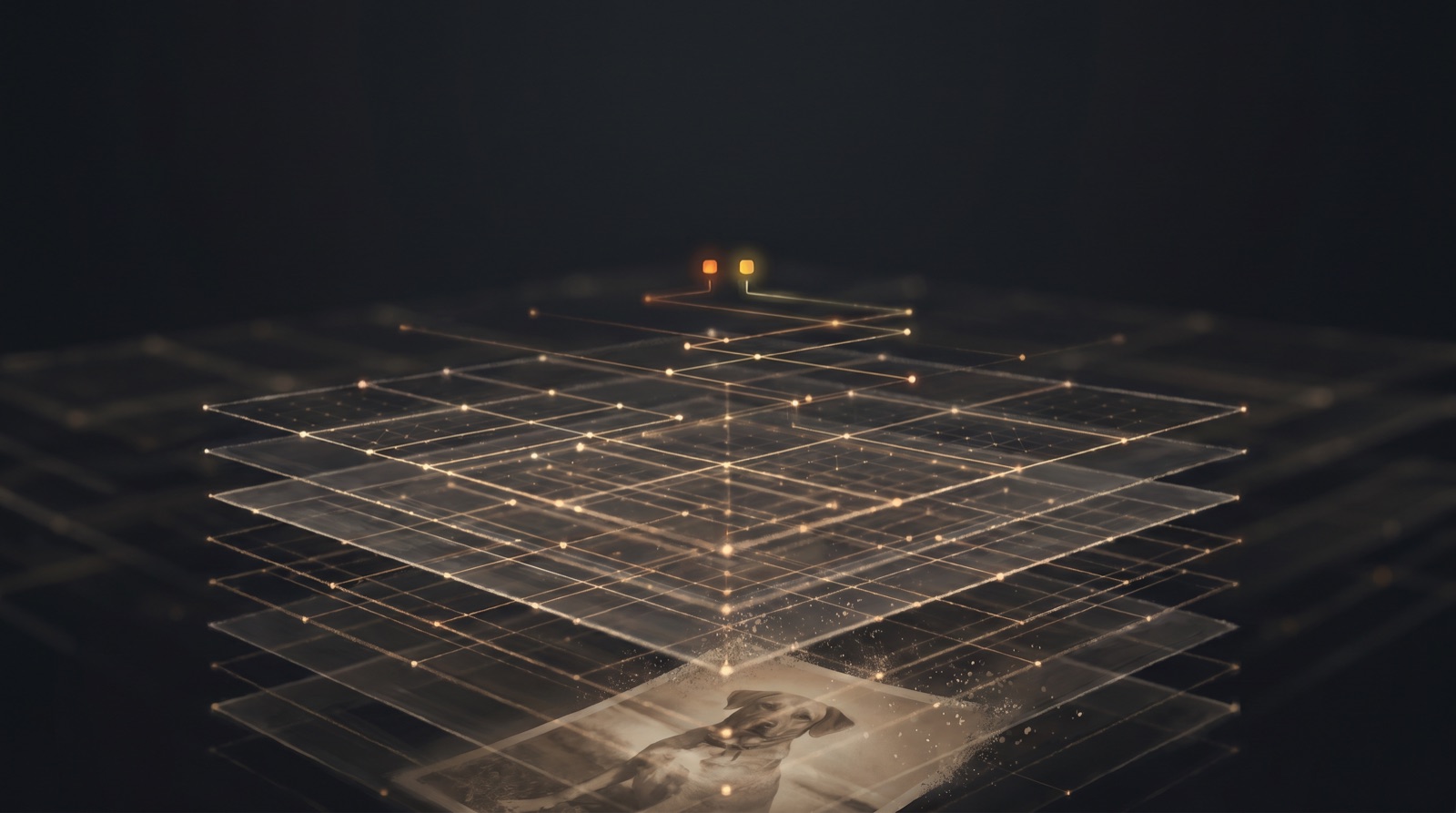 A deep neural network rendered as layered grids of light resolving a photograph into two indicator lights