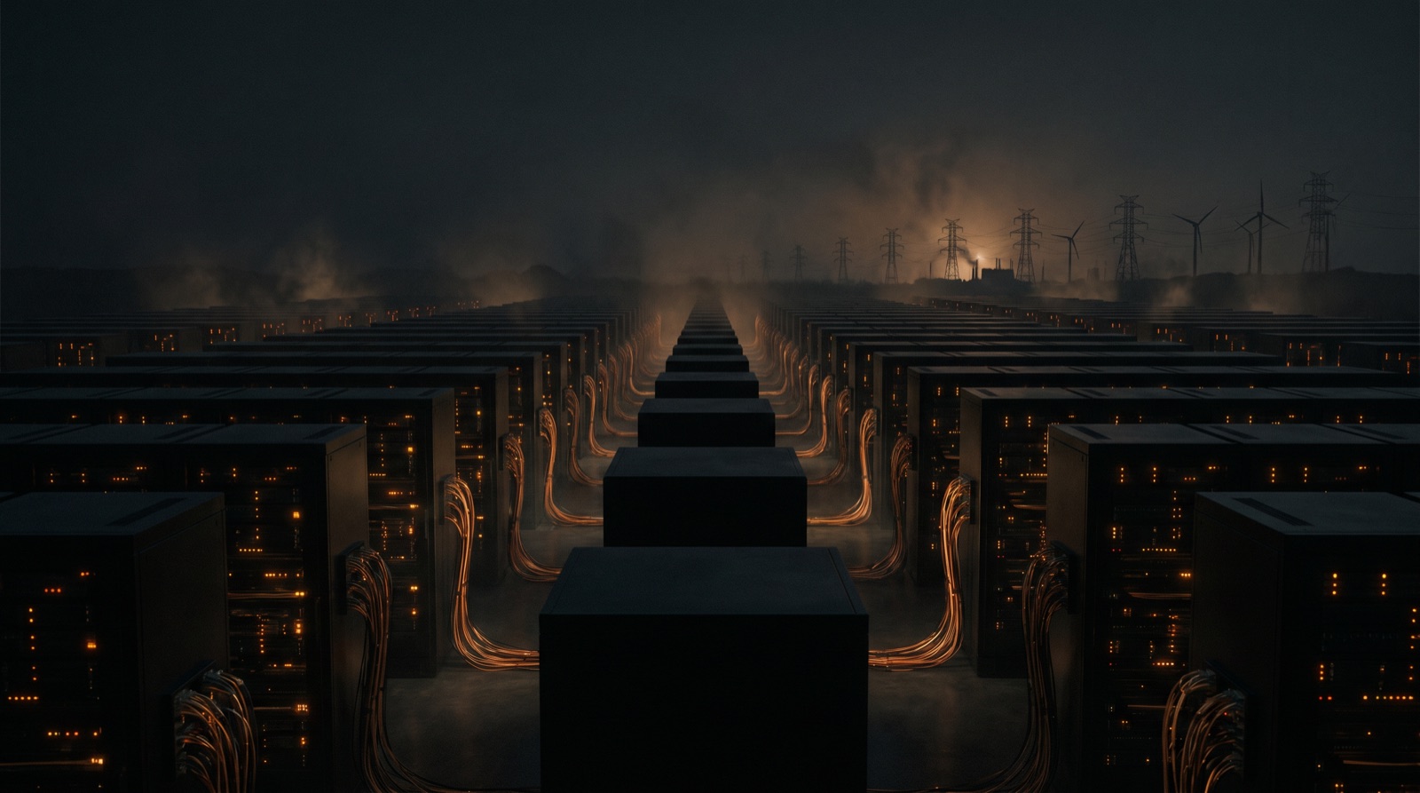 A vast dark data center feeding into a distant power grid and turbines