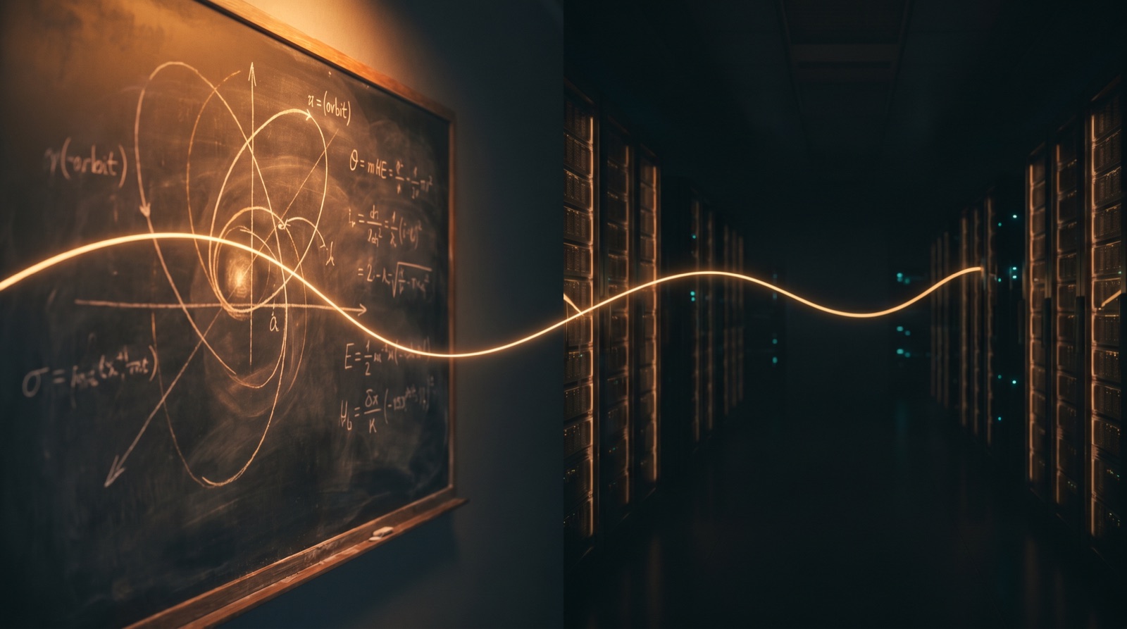 A chalkboard curve continuing unbroken into a hall of AI compute