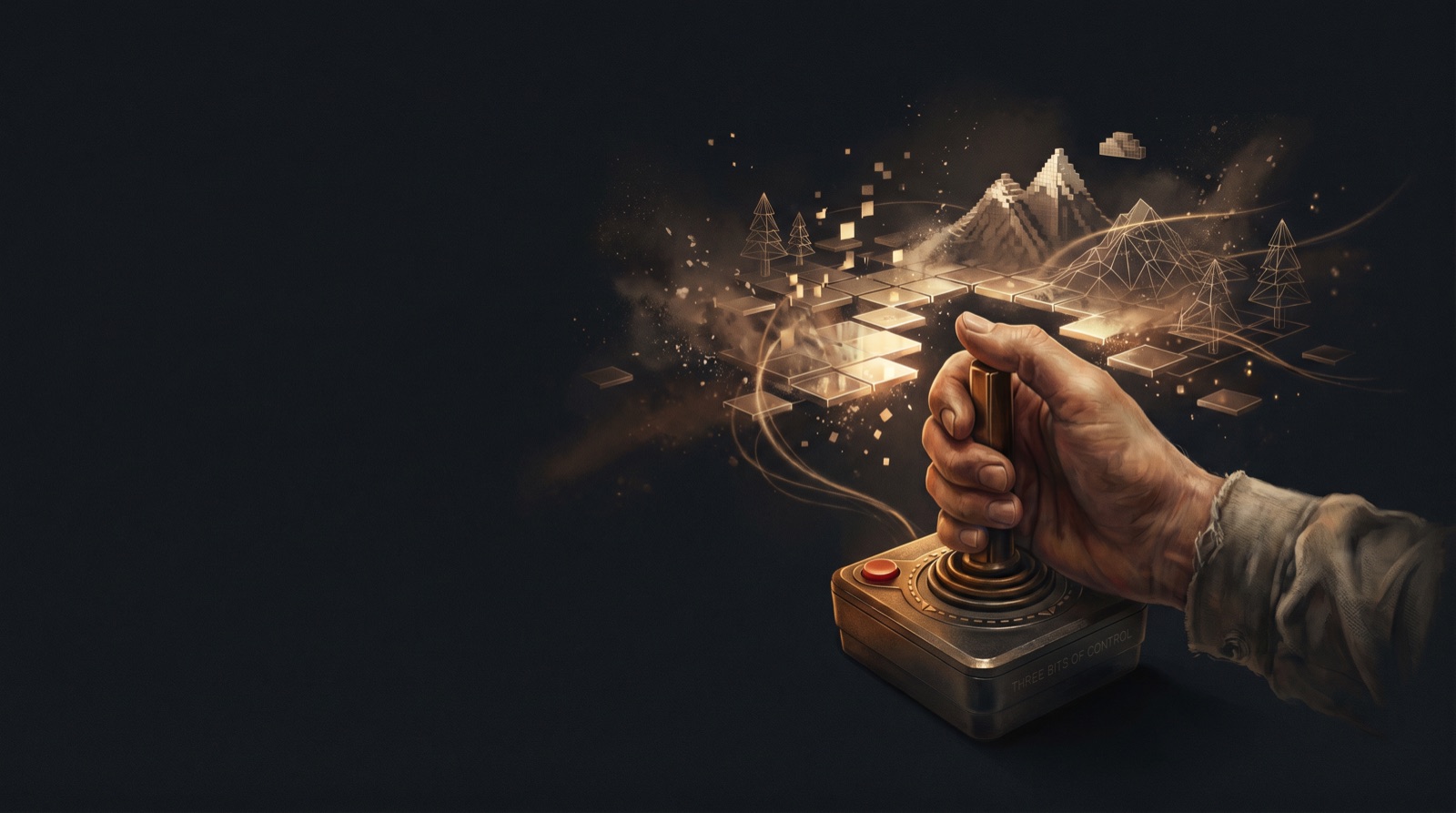A hand on a joystick, a coherent world rendering itself frame by frame