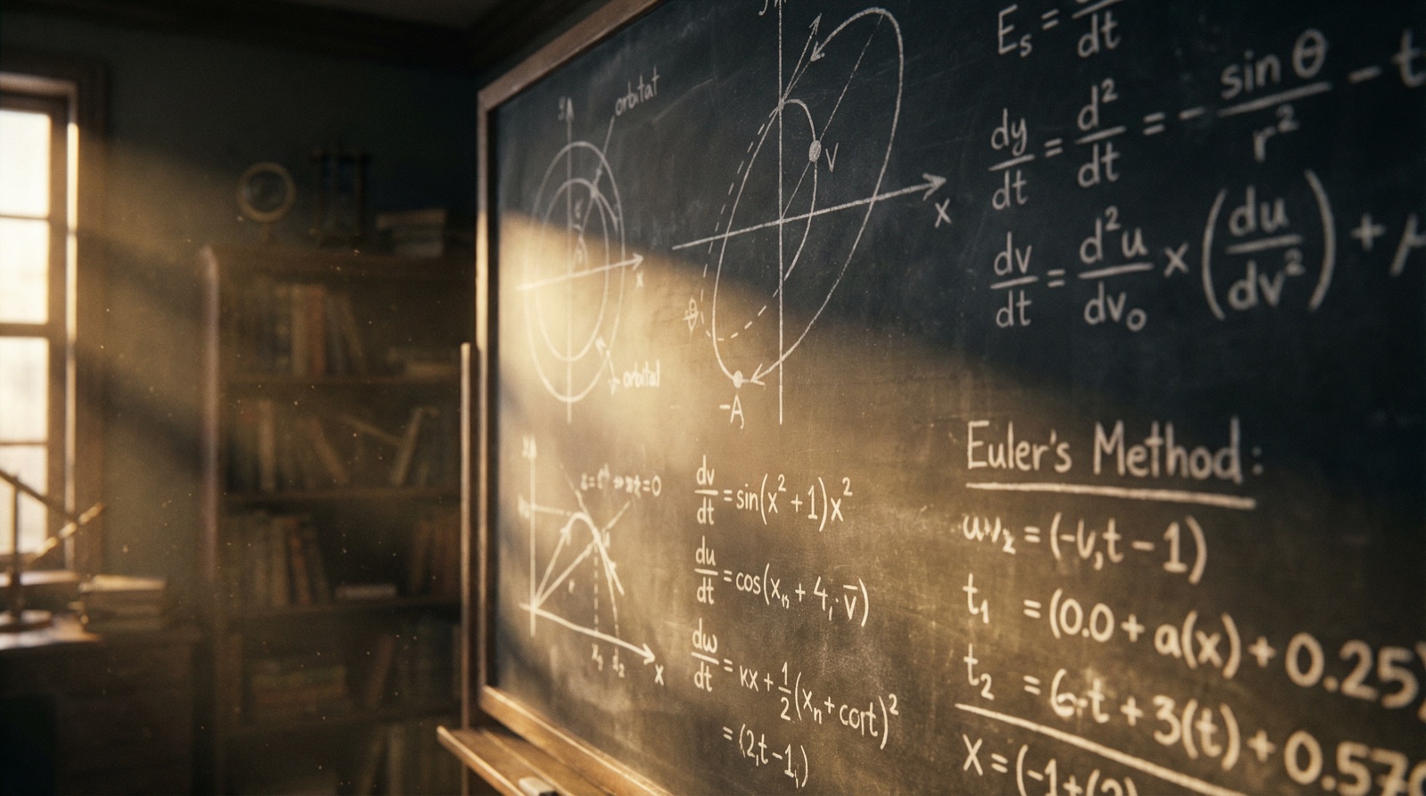 A chalkboard covered in handwritten orbital reentry equations and Euler's method curves