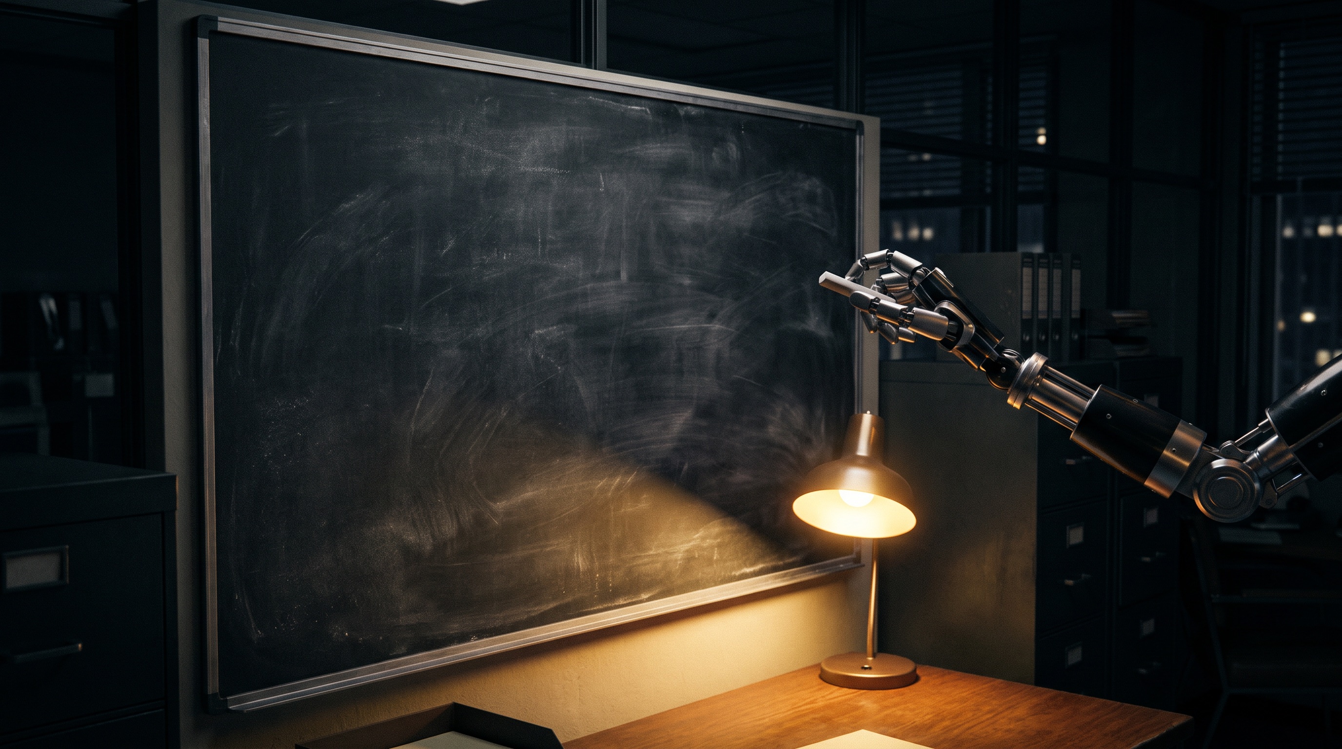A robotic hand holding a piece of chalk up to a vast dark blackboard lit by a warm desk lamp
