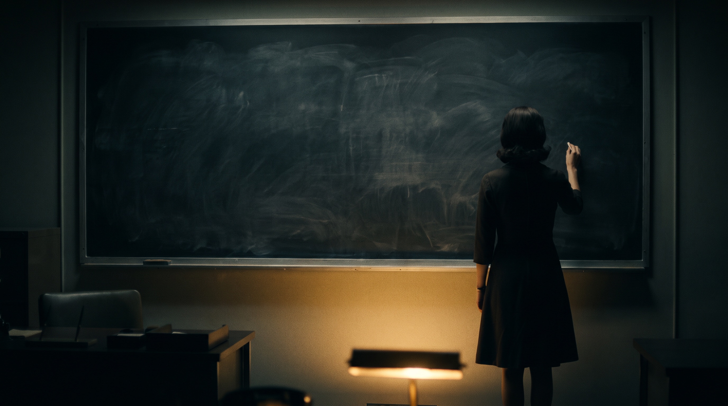 A woman in a 1960s dress seen from behind, chalk raised to a vast dark blackboard lit by a warm desk lamp