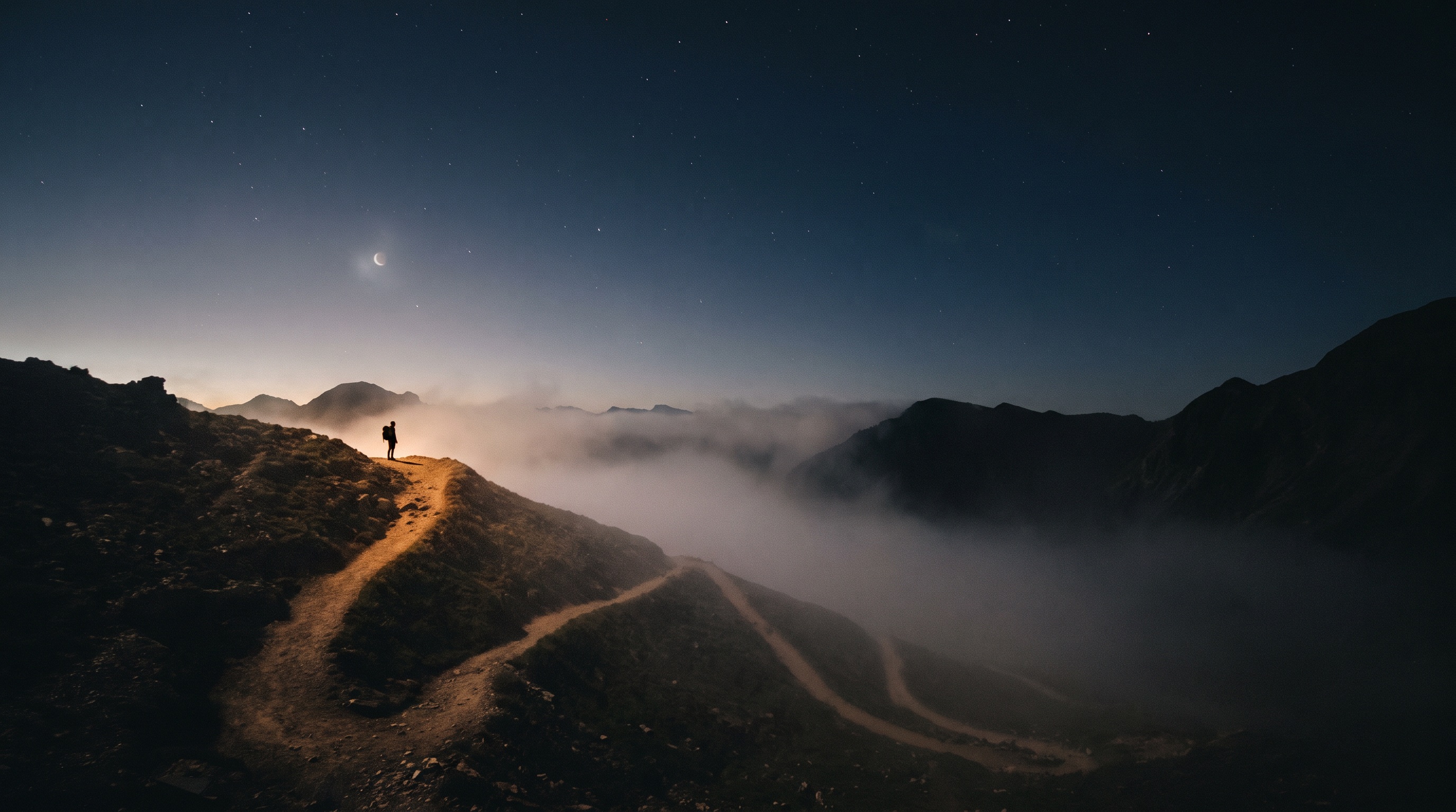 A switchback mountain trail at dawn descending into a valley of fog, the upper stretches catching golden light