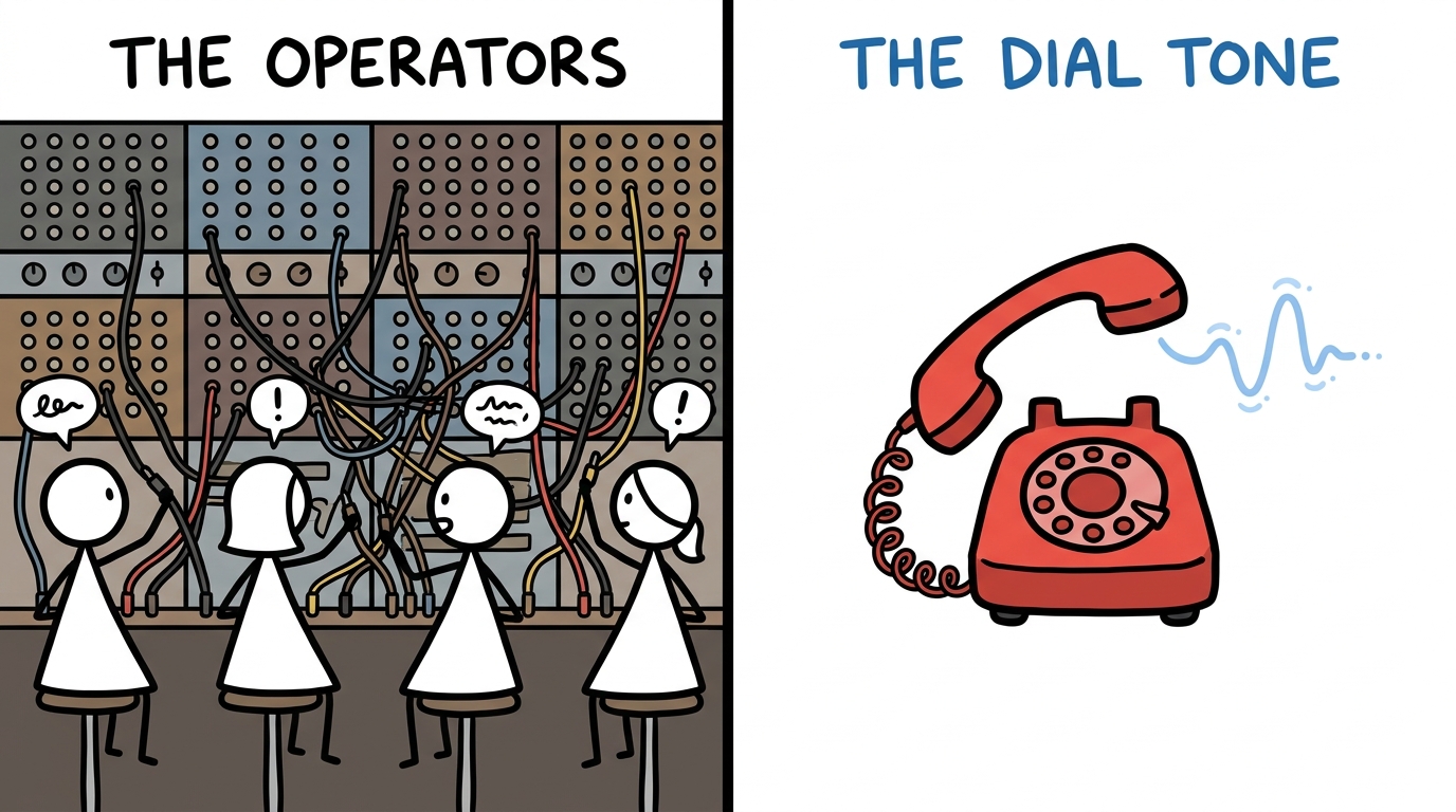 The dial tone was the ghost of a machined job, humming politely.